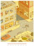 A warm-toned, aerial view of a city corner filled with writers noveling in a cafe, in a car, on a bike, at the park, on the rooftop, and other locales. The color is primarily a soft yellow, with hints of orange, blue, and green.
