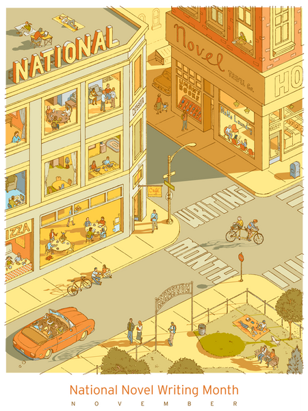 A warm-toned, aerial view of a city corner filled with writers noveling in a cafe, in a car, on a bike, at the park, on the rooftop, and other locales. The color is primarily a soft yellow, with hints of orange, blue, and green.