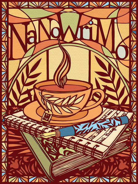 Sunset-colored poster with papercut-style print of a cup of tea, fountain pen, and stack of books. The NaNoWriMo name sits on top of the image. Botanical leaves and filigree fill the background. 