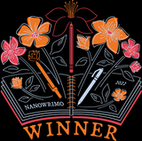 Black t-shirt for 2022 NaNoWriMo winners. In the center of the shirt there is a bright orange, pink and white graphic of flowers and pencils growing out of an open book. Text reads NaNoWriMo 2022 Winner.