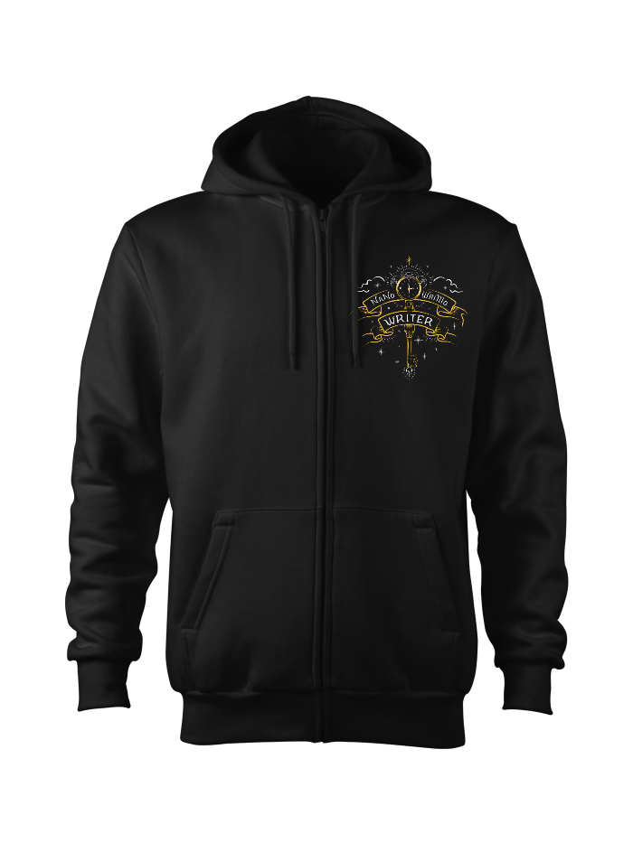 Black zip-up hoodie with a small chest-level illustration of a key surrounded by clouds and stars. There is a small gear embedded in the key. Text reads “NaNoWriMo Writer” over two golden ribbons.