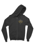 Black zip-up hoodie with a small chest-level illustration of a key surrounded by clouds and stars. There is a small gear embedded in the key. Text reads “NaNoWriMo Writer” over two golden ribbons.